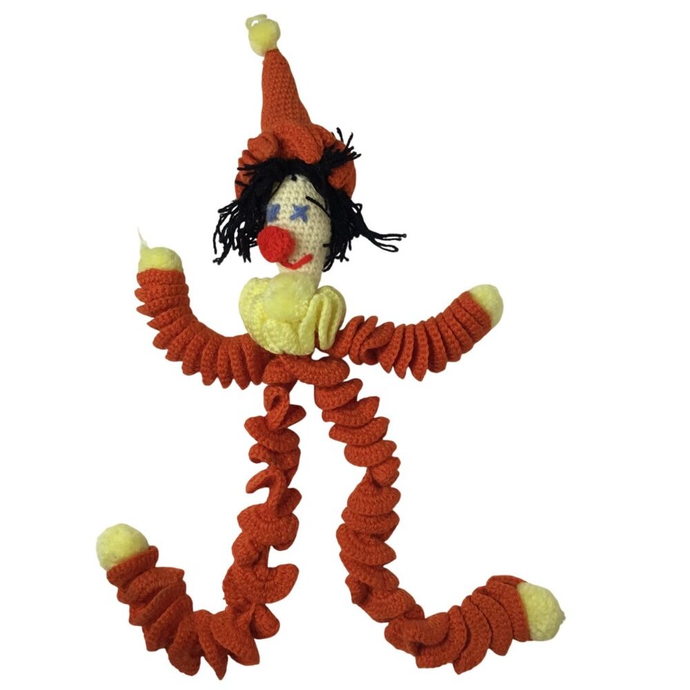 Vintage Handmade Clown Yarn Doll – Crocheted Pom Pom Folk Art Figure